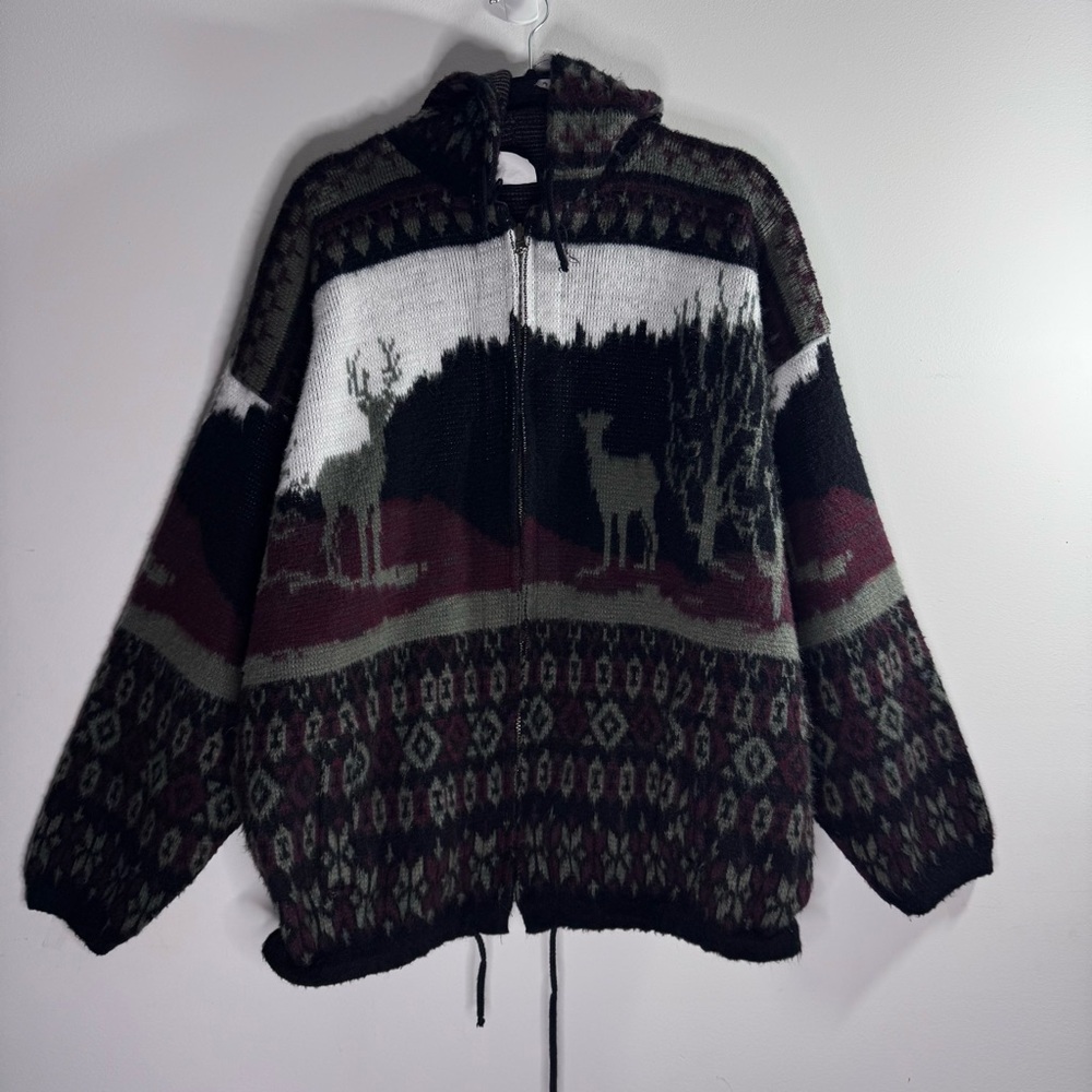 Inka Samai Wool Zip Hoodie Jacket Mens XL Deer Pattern Ecuador